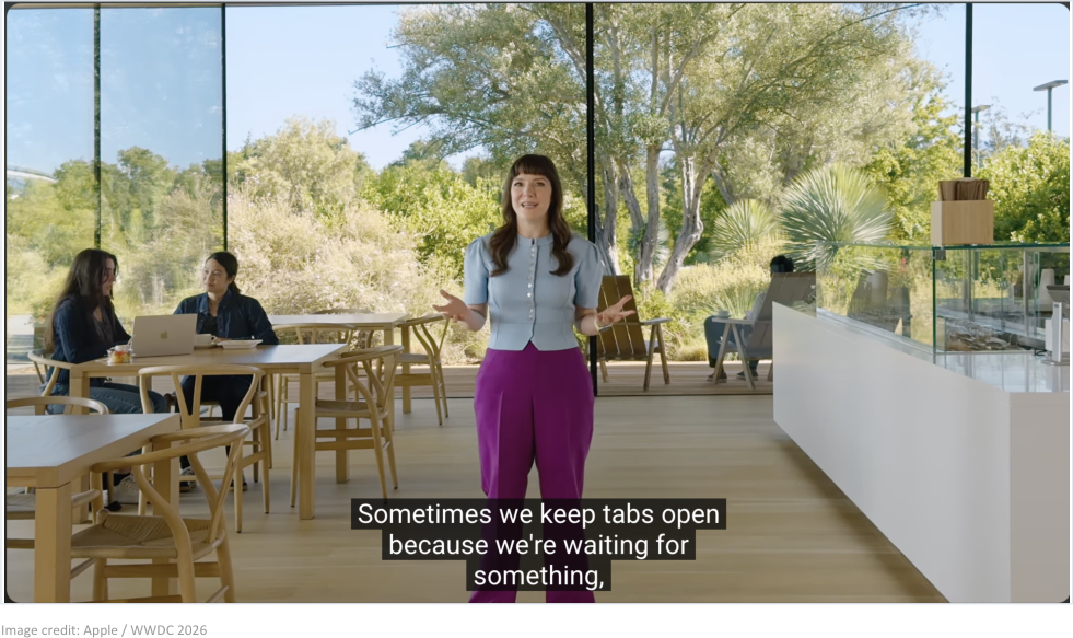 Apple presenter on the WWDC 2026 keynote stage saying people keep tabs open while waiting for something
