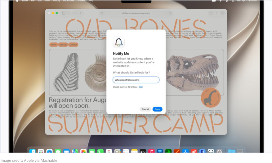 Safari Notify Me dialog on a summer camp page that says registration for August will open soon
