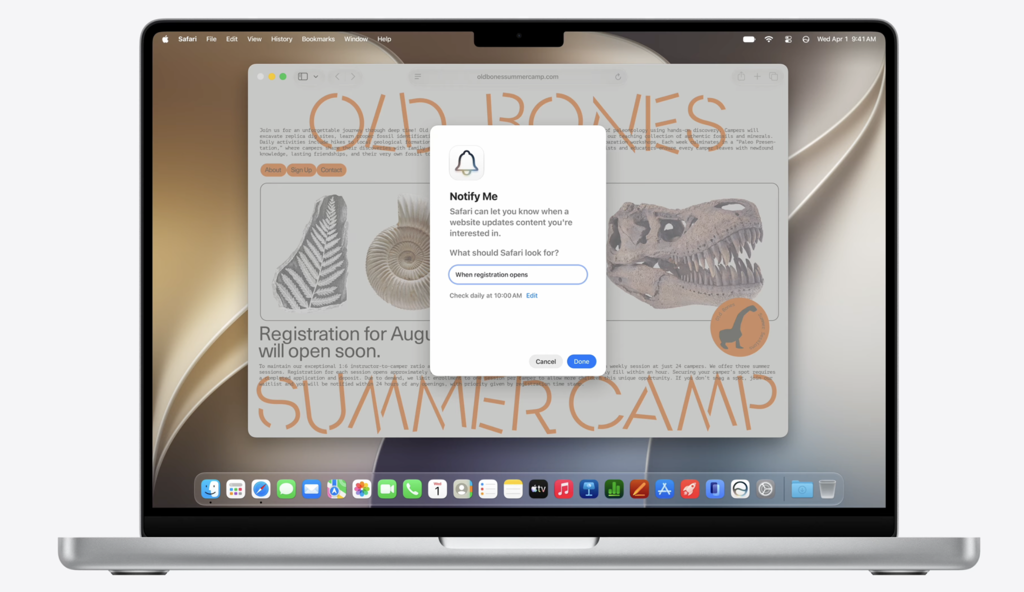 Safari Notify Me dialog on a MacBook, on a page that says registration for August will open soon