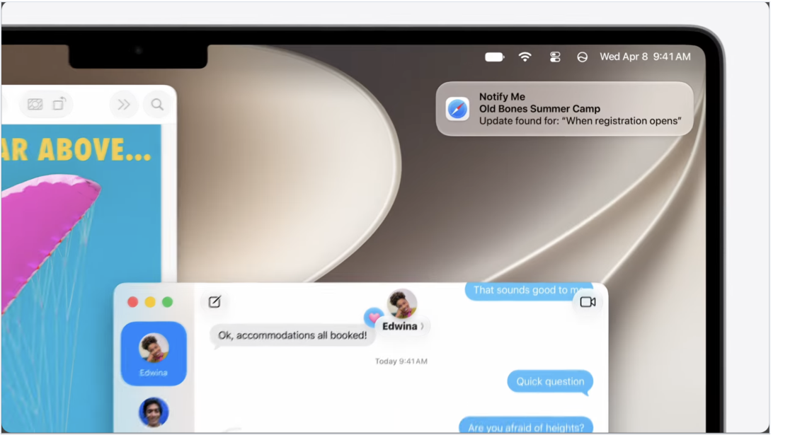 macOS notification from Safari Notify Me reporting a page update next to an open MacBook