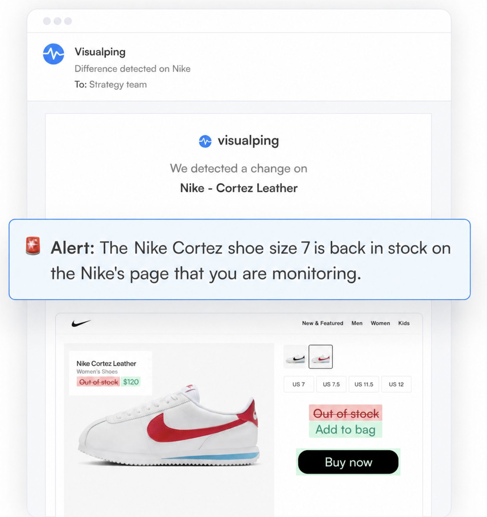 Email alert from Visualping showing the exact change on the page