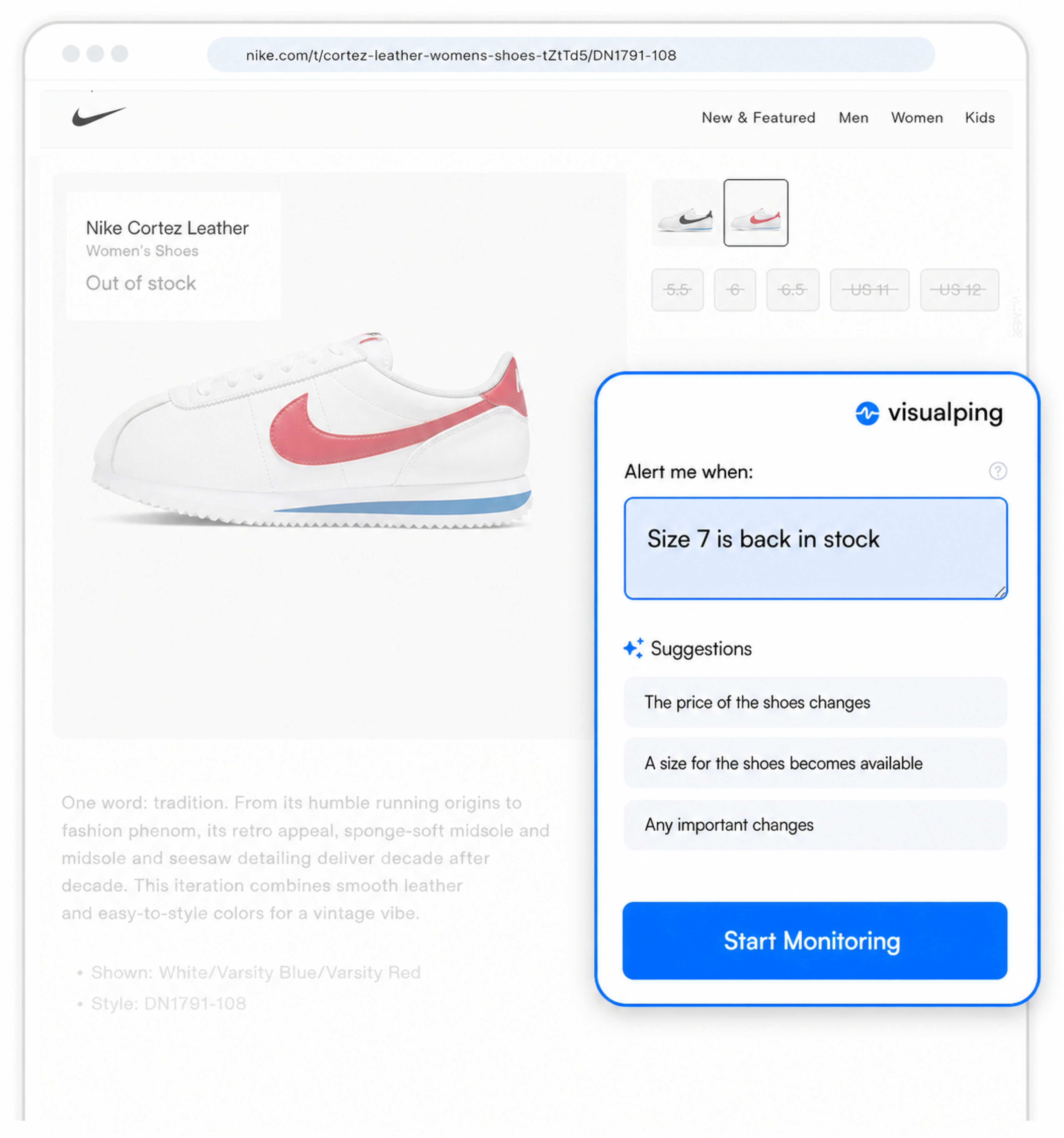 Setting up a Visualping monitor on a Nike product page